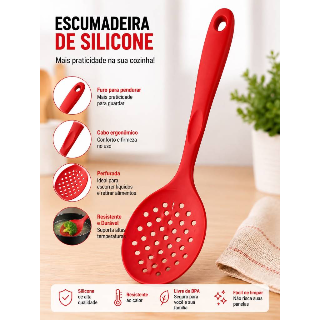 Escumadeira de Silicone Resistente ao Calor Utensílio de Cozinha Antiaderente Livre de BPA