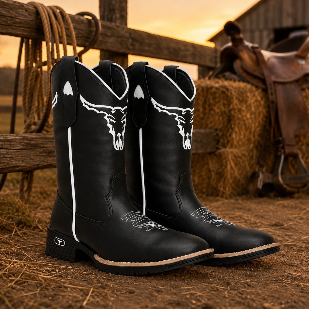 Bota Texana Masculina Cano Médio Bordado Touro Solado Grosso Edição Especial