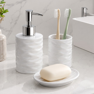 Kit Banheiro Lavabo 3 Peças Branco Ceramica Porta Escovas Sabonetes e Dispenser Liquido Cannes Lyor
