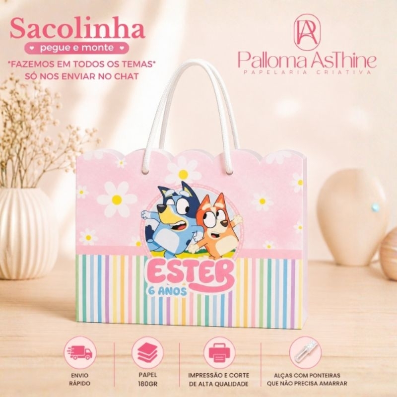 Sacolinha pegue/monte bluey lembrancinha personalizada aniversário 20x15x7cm
