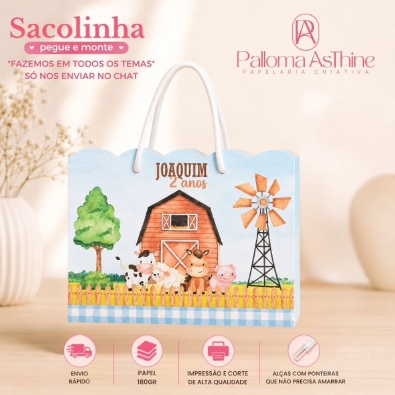 Sacolinha pegue/monte fazendinha lembrancinha personalizada aniversário 20x15x7cm