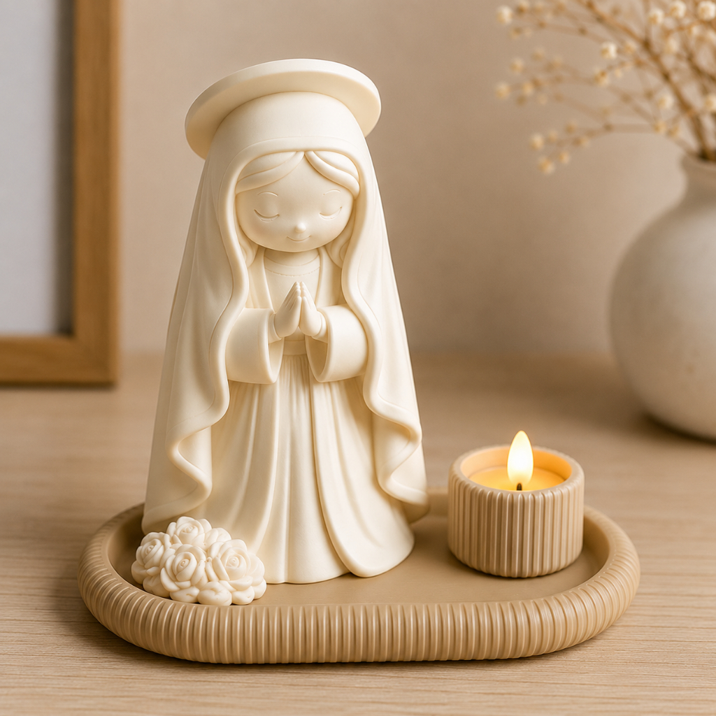 Nossa Senhora Baby Decorativa com Bandeja e Vela LED | Decoração Religiosa Cantinho de Oração