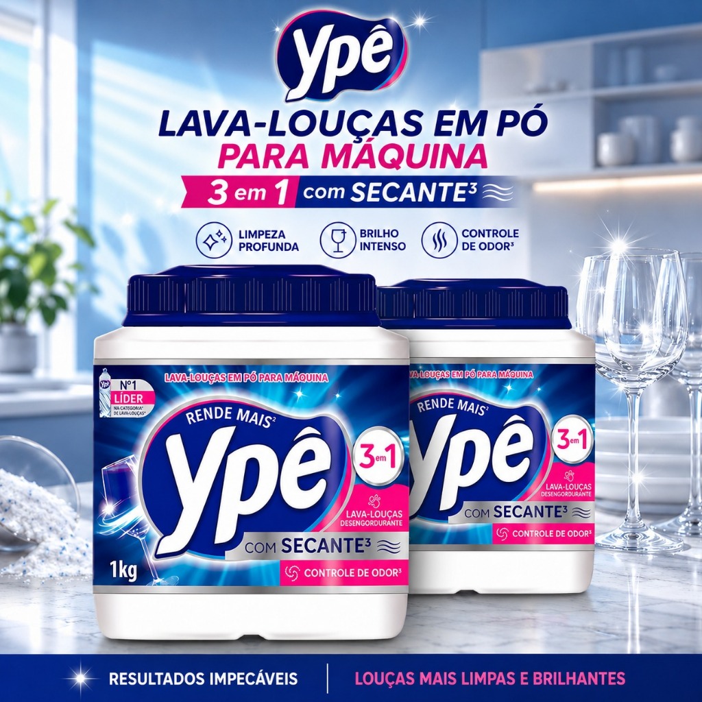 Lava Louças Ypê em Pó Concentrado com Secante 3 em 1 - Rende +40 Lavagens - 1Kg ou 450g