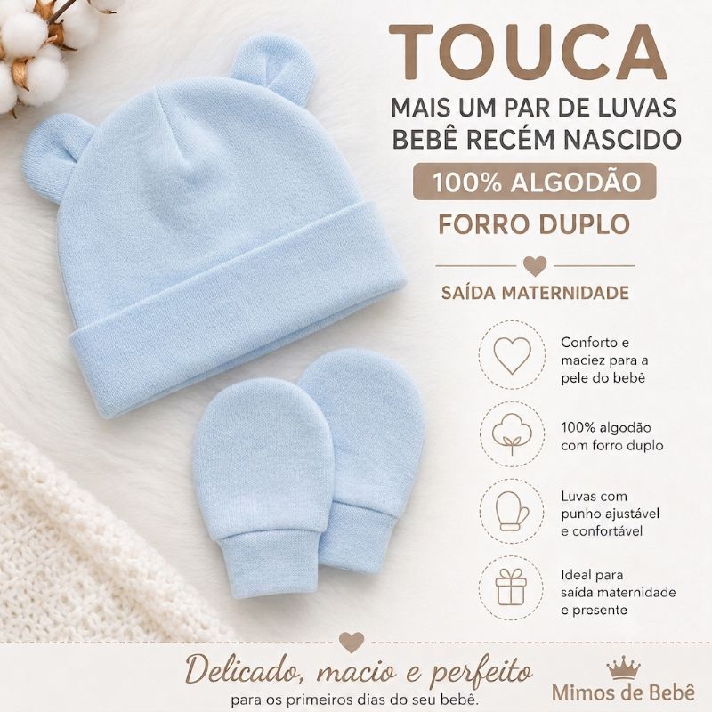 Kit Maternidade RN Menino Touca e Luvas Premium 100% Algodão | Macio e Confortável