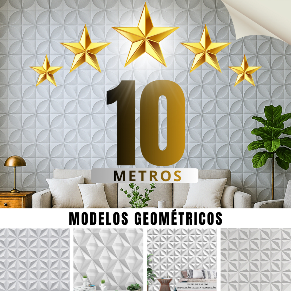 Papel De Parede Autocolante 10metros x 0,45cm Geometrico 3D Lavável Para Decoração Quarto Sala Linha Premium