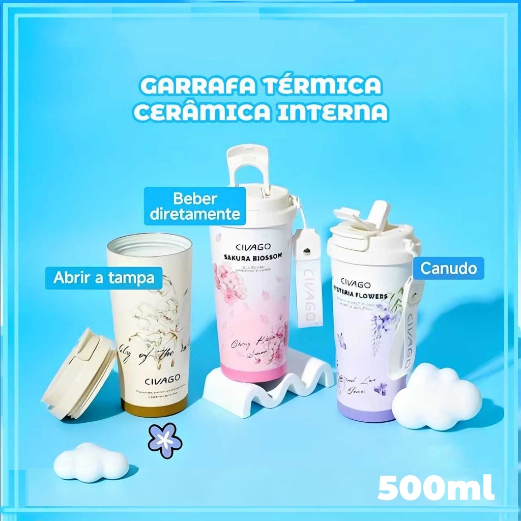 CIVAGO Copo Térmico 500ml Aço Inox 316 com Alça de Tecido e Estampa Fofa Tampa 2-em-1 antivazamento12h Quente/24h Frio