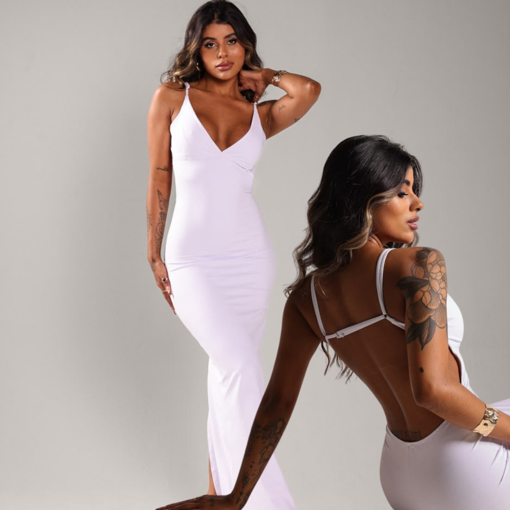 Vestido Costas Nuas Longo Coladinho Decote Feminino Suplex De Poliamida Casual  Balada Festas Alta Elasticidade Forro Du