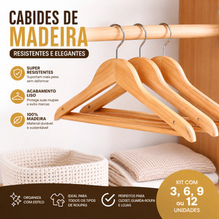 ✨ Kit Cabides de Madeira Antideslizantes 3/6/9/12 Un Reforçados Organizador de Closet e Guarda-Roupa