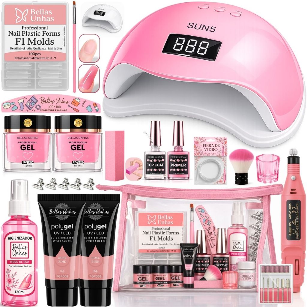 Kit de Alongamento de Unhas em Gel Polygel e Fibra 3 em 1 Completo Profissional Iniciante Cabine Sun Lixadeira
