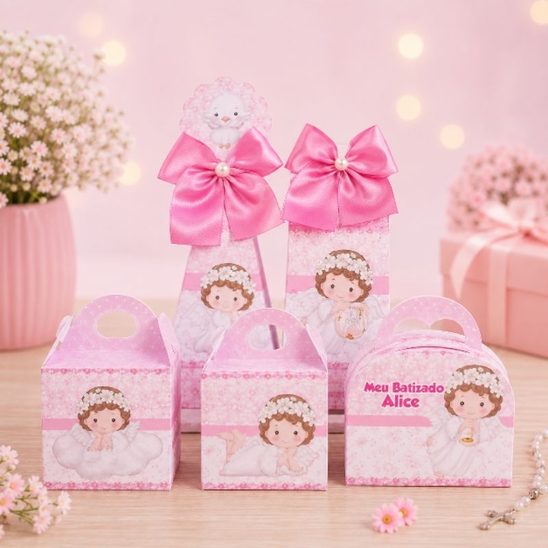 Kit Festa BATIZADO Menina Personalizado | Pegue e Monte | Lembrancinhas e Caixinhas para Festa Infantil