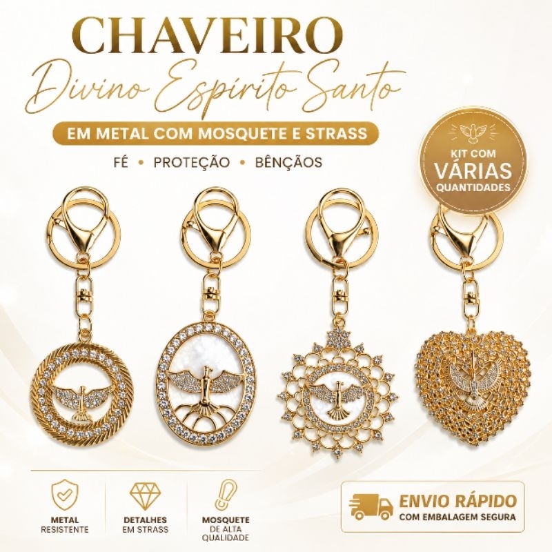 Kit CHAVEIRO Divino Espírito Santo Dourado com Mosquete Revenda Católico Proteção Acessório Religioso Fé Metal Lembrança