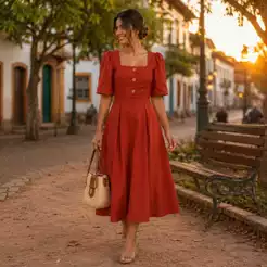 Vestido Feminino Midi botões e Mangas no Sensorial Marrant Moda Casual Elegante Chic Festa