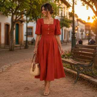 Vestido Feminino Midi botões e Mangas no Sensorial Marrant Moda Casual Elegante Chic Festa