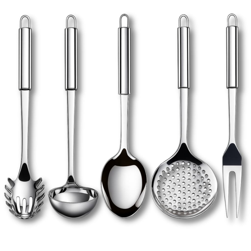 Utensílios de Cozinha em Aço Inox Colher De Arroz Concha Escumadeira Pegador de Massa e Garfo
