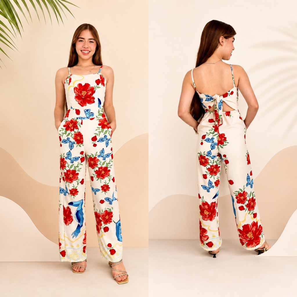Macacão Feminino Estampado Floral Pantalona Alcinha Elegante Casual Soltinho Cintura Marcada Bolso