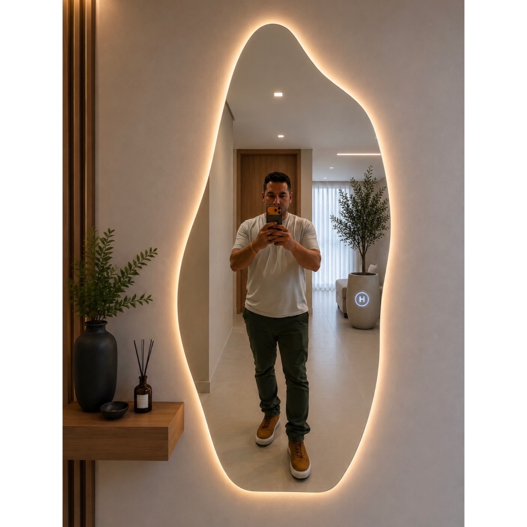 Espelho Orgânico 120x50 e 95x40 Lapidado Moderno Grande Form - C/Suporte C/ Led - C/ FITA S/ Led - C/ LED TOUCH