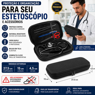 Estojo Case Protetor Bolsa Estetoscópio Zíper Medico Universal Esteto Littmann proteger estetoscopio