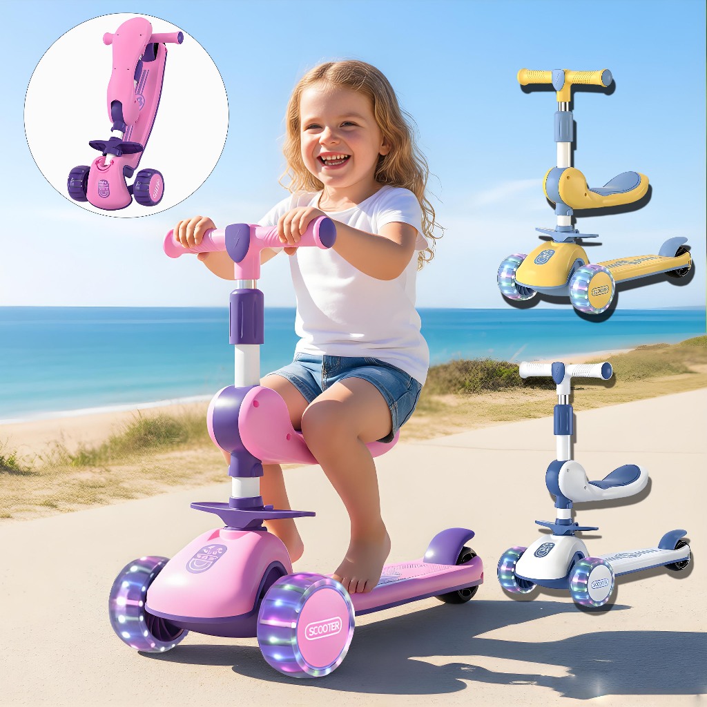 Patinete Infantil 3 Rodas Dobrável Luz Led e Freio Ajustável de Altura Seguro Diversao Toys