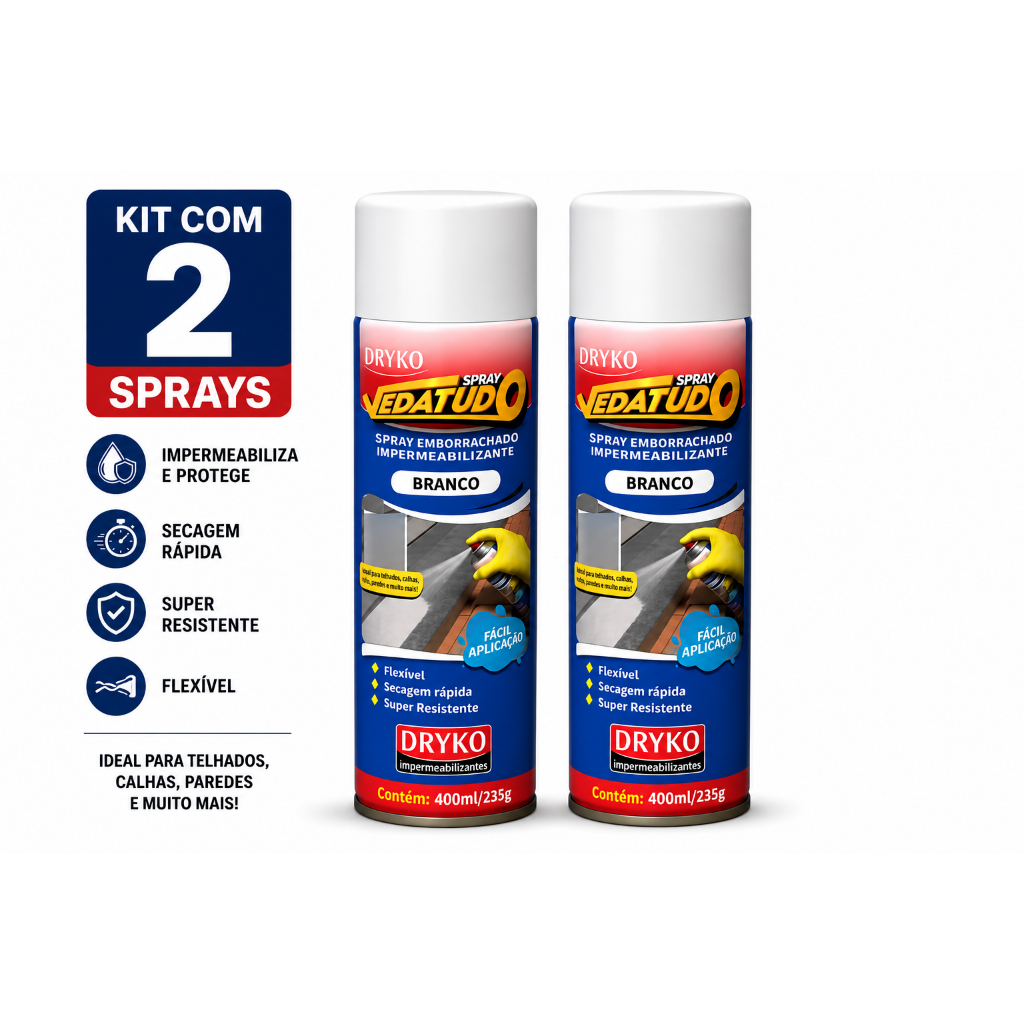 Kit 2 Spray Emborrachado Dryko Vedatudo Branco 400ml Impermeabilizante Veda Goteiras Proteção Contra Umidade