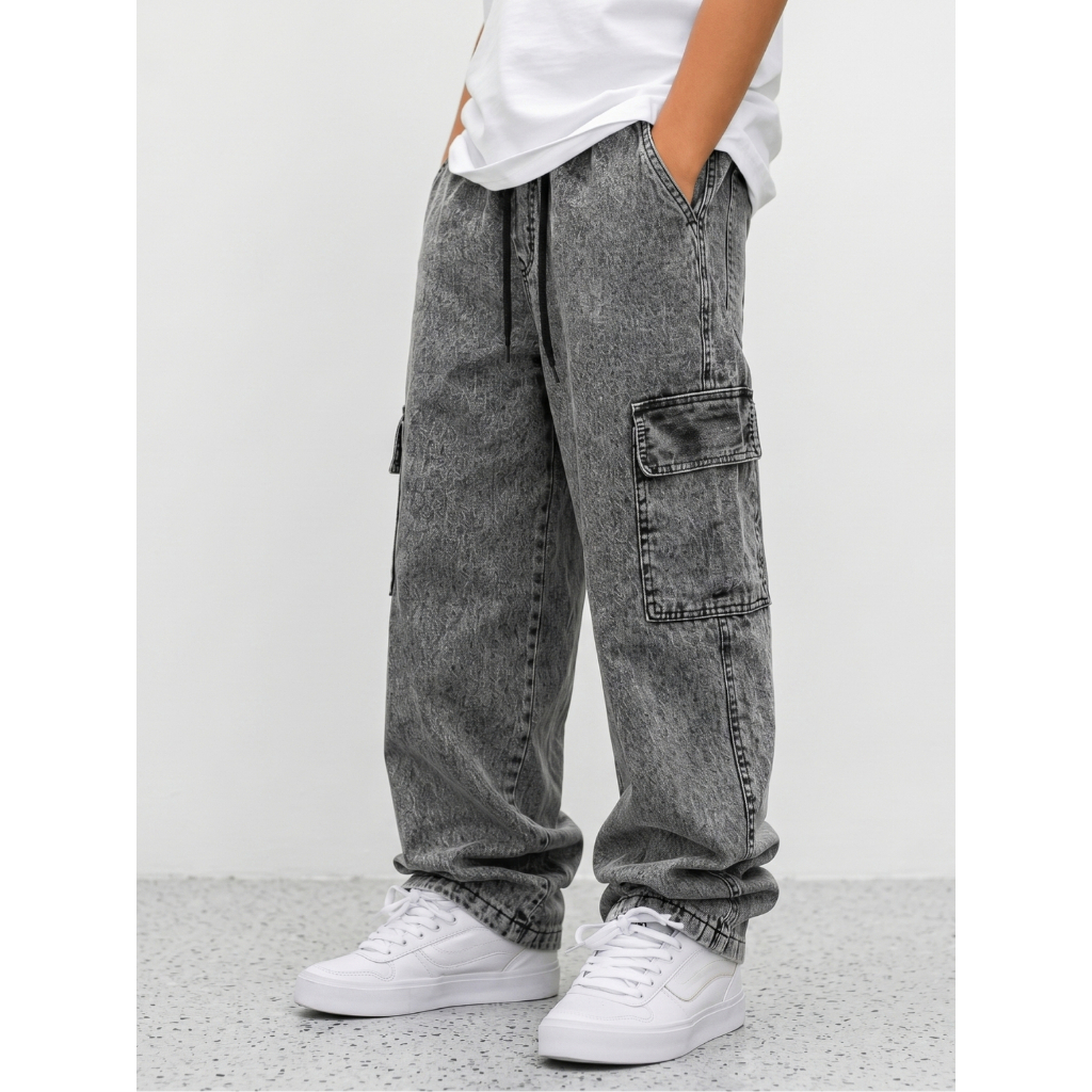 Calça Cargo jeans Infantil Juvenil Skatista Jeans Clara ou Preta Marmorizada Unissex Menino menina do 4 ao 16