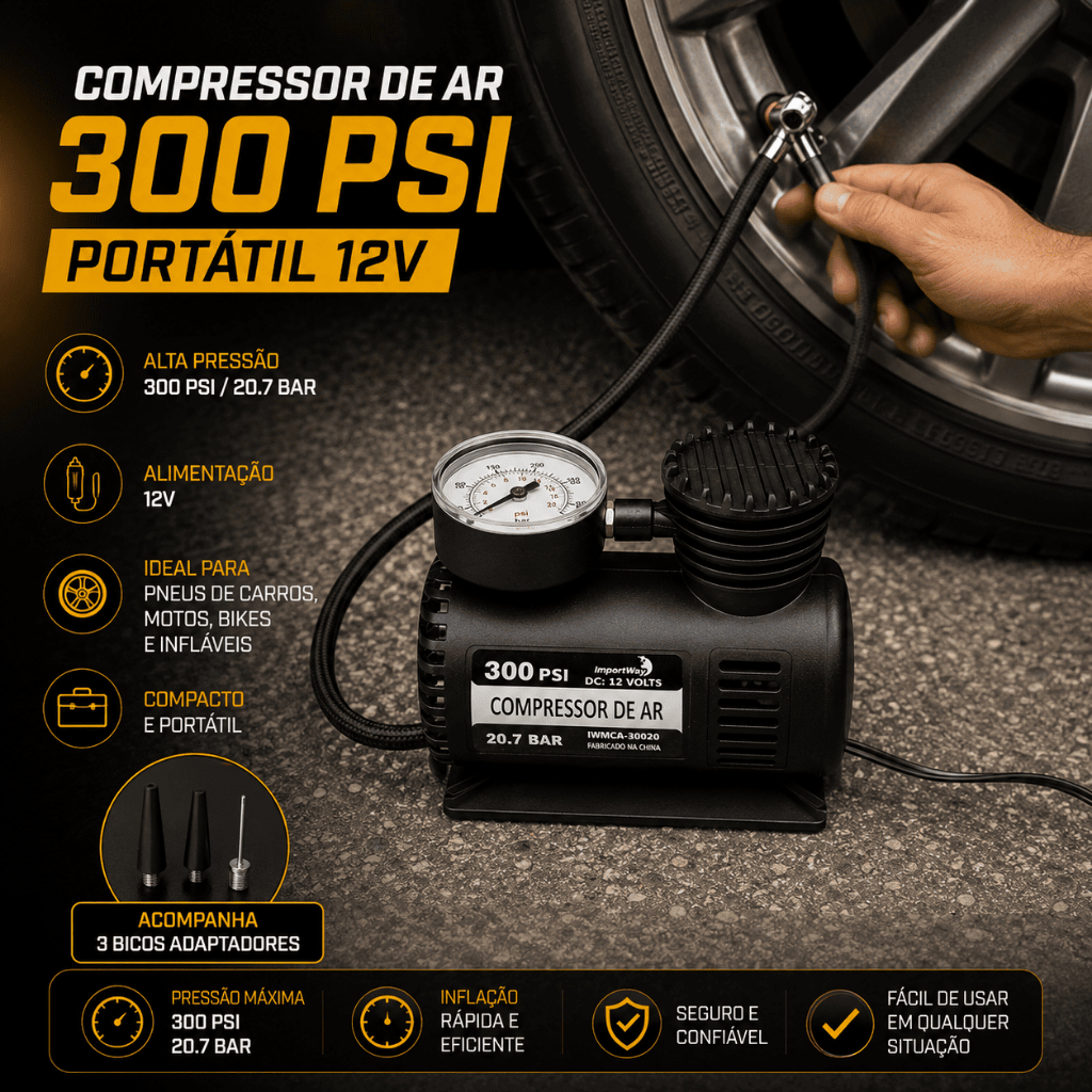 Mini Compressor Ar Automotivo Turbo 12v 300 Psi Para Pneu Carro Moto Bicicleta Colchão Bola Infláveis Com 2,80m Cabo · foto 2
