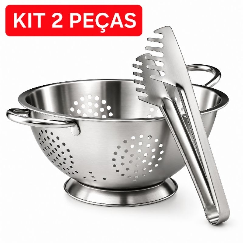 Escorredor de Macarrão Massas Multiuso + Pegador de Massas Inox Utensílios Cozinha KIT 2 Peças