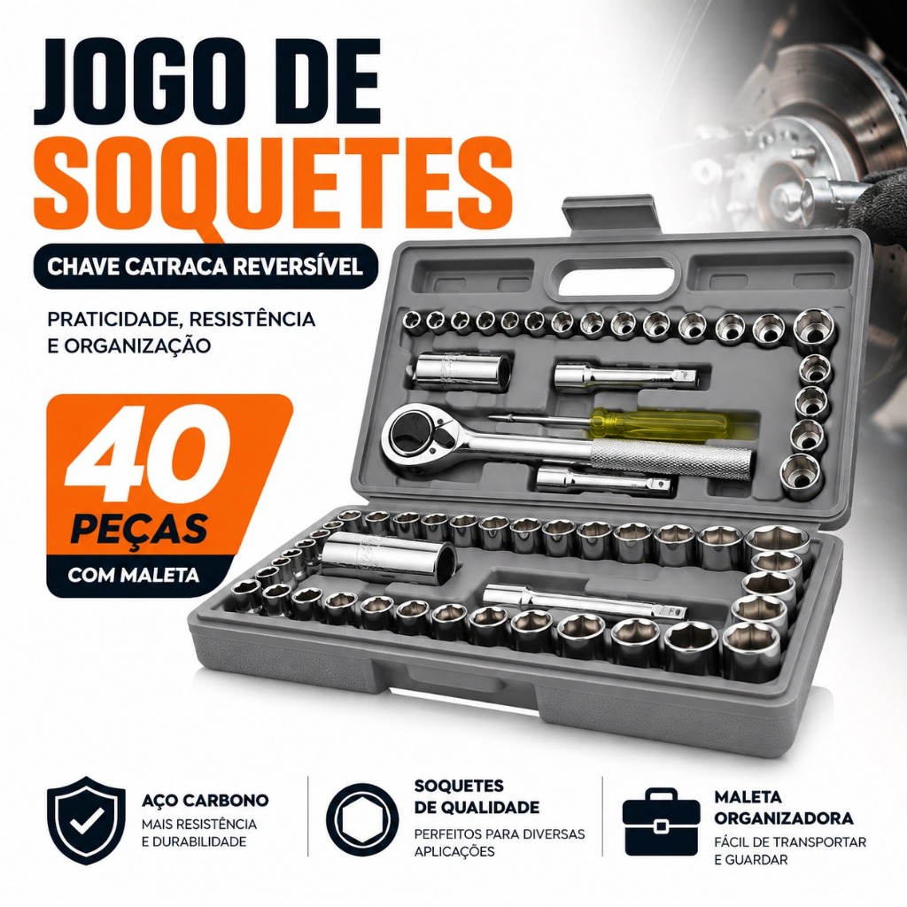 Jogo de Soquetes 40 Peças com Chave Catraca Reversível Kit Ferramentas Maleta Aço Carbono