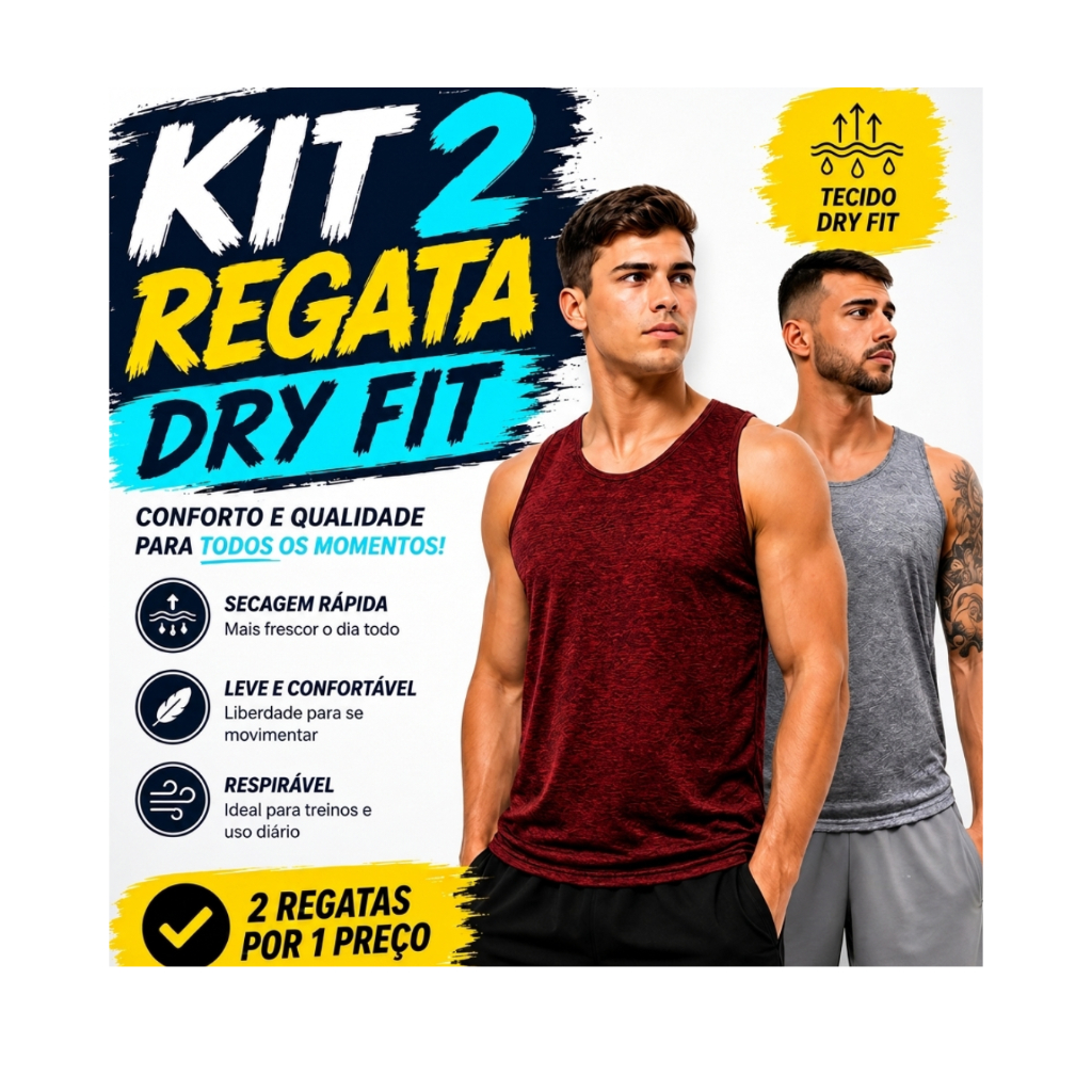 KIT Kit 2 Regata Masculina DRYFIT Tecido Mesclado Treino Academia Corrida Tecido Premium.