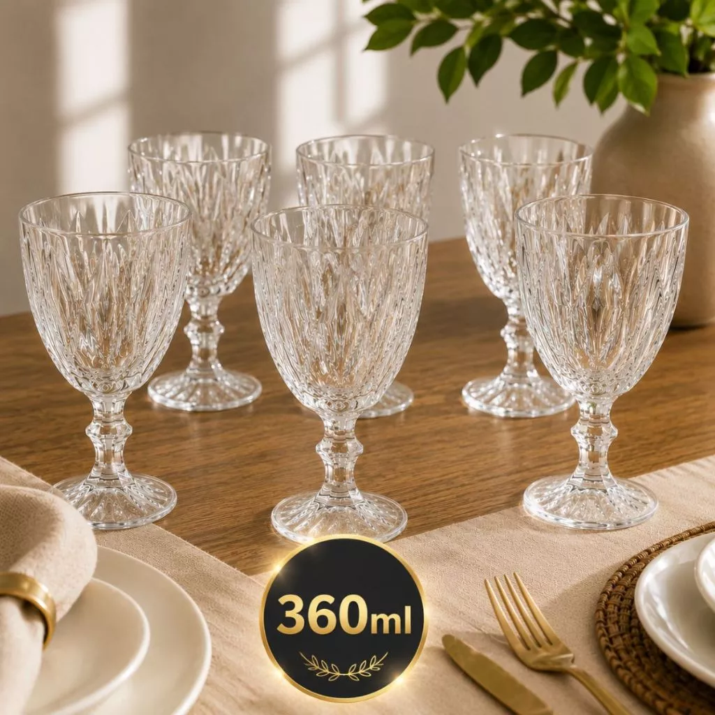 Jogo 6 Taças Grande 360ml Vidro Diamond Bico Abacaxi Jaca Conjunto Taça Para Água Vinho Tinto Suco Diamante