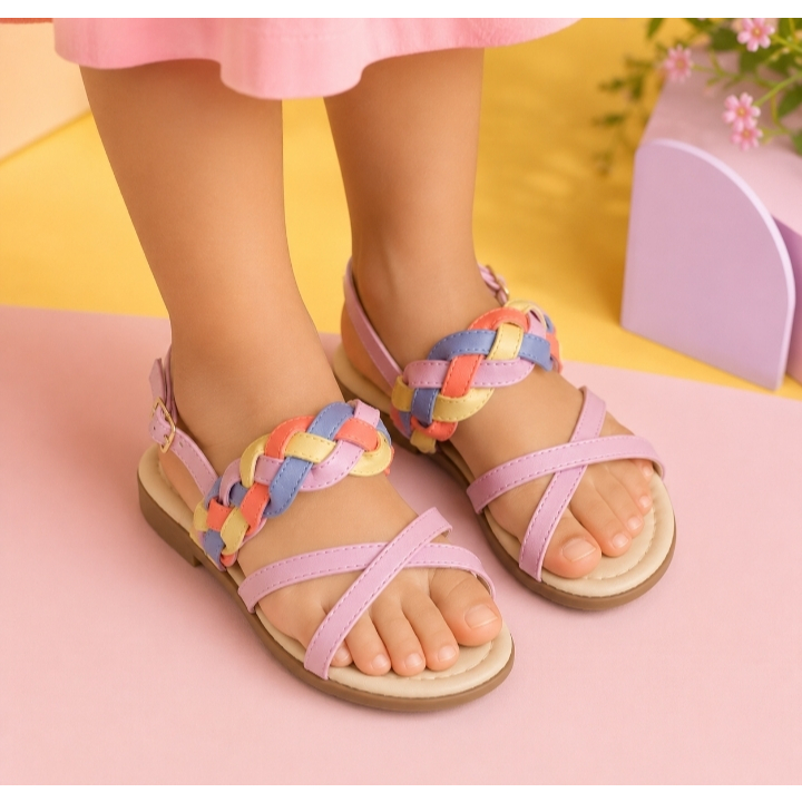 Sandália Infantil Feminina Menina Trançada Colorida Confortável Casual Antiderrapante