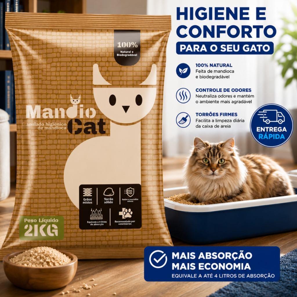 Areia MandioCat Biodegradável *4 à 12* Kg - Mandioca - Grãos Finos - MAIS BARATA Areia de Gato FULL