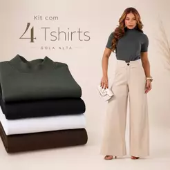 Kit 4 Blusas Femininas Camisetas Gola Alta 100% Algodão Elegante Confortável