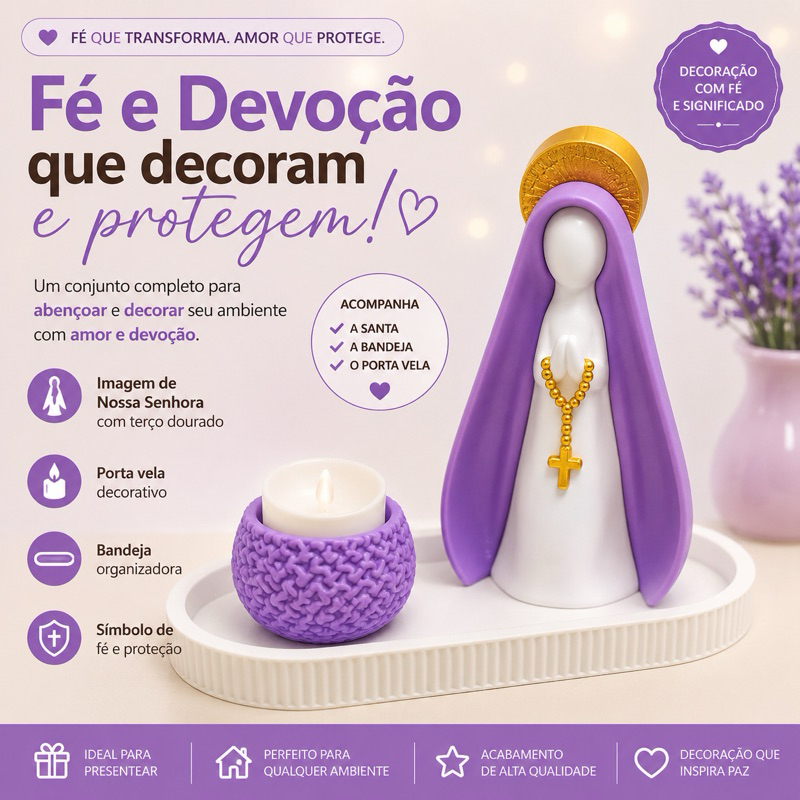 Nossa Senhora Decorativa com Bandeja e Porta Vela | Kit Decoração Religiosa Católica | Enfeite para Sala