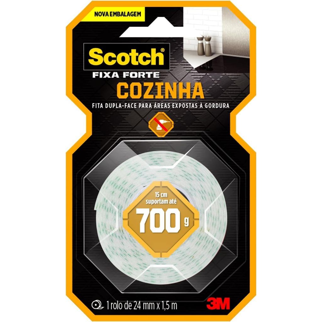 Fita Dupla Face 3M Scotch Fixa Forte Cozinha 24mm x 1,5m Alta Fixação Resistente à Gordura