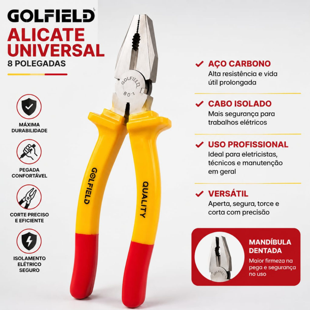 Alicate Universal Reforçado Aço Carbono Cabo Isolado Alta Resistência 8 Polegadas — imagem 2 de 2