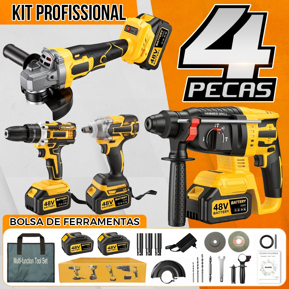 Kit Ferramentas Elétricas 4 Peças Profissional para Uso Doméstico e Oficina com Bolsa de Ferramentas