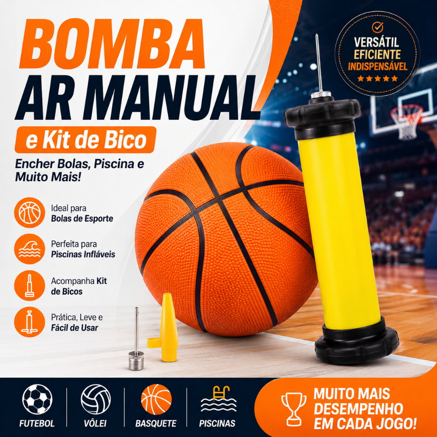 Bomba Ar Manual Encher Bolas Piscina E Kit de Bico Futebol Voley Basquete Laranja