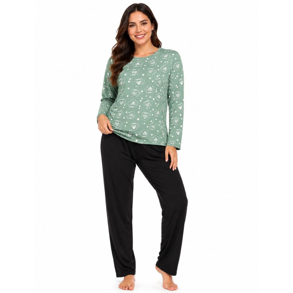 Conjunto Feminino Estampado Pijama Poliéster Adulto Manga Longa Calça Comprida Confortável Frio Inverno Dormir