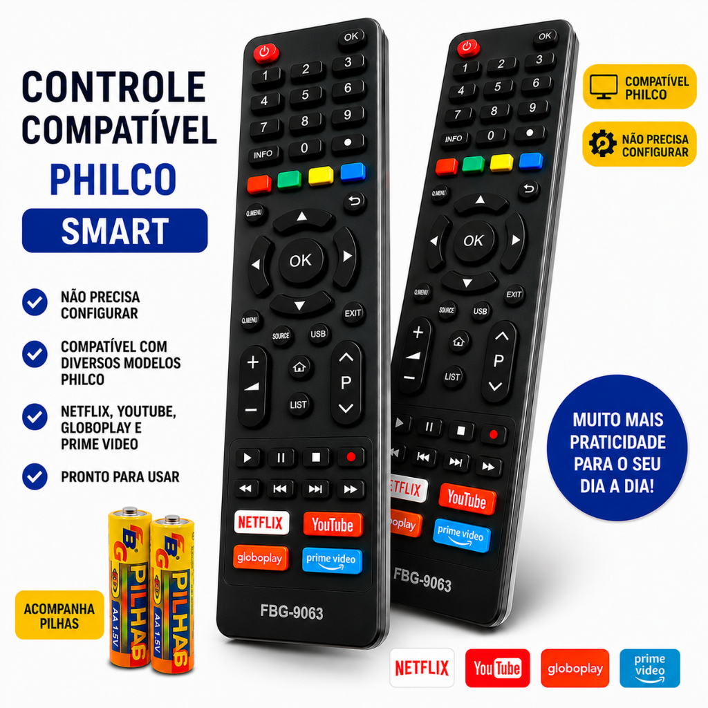 Imagem Kit Controle Remoto Compatível com Televisão Philco Tv Smart LED LCD com Pilhas Inclusas - ENVIO IMEDIATO