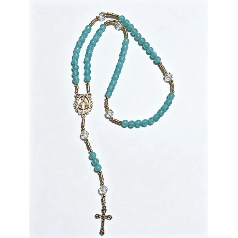 Terço Artesanal Nossa Senhora Aparecida verde  água com Cristais | Rosário Católico em Contas 8mm | Presente Religioso