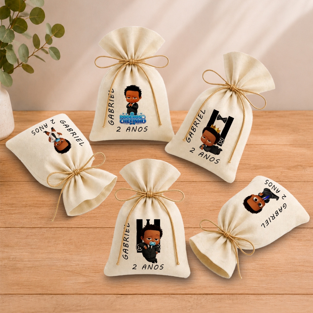 Kit 20 Saquinhos Lembrancinha Personalizada Festa Infantil Aniversário Poderoso Chefinho Moreno Negro 11x17