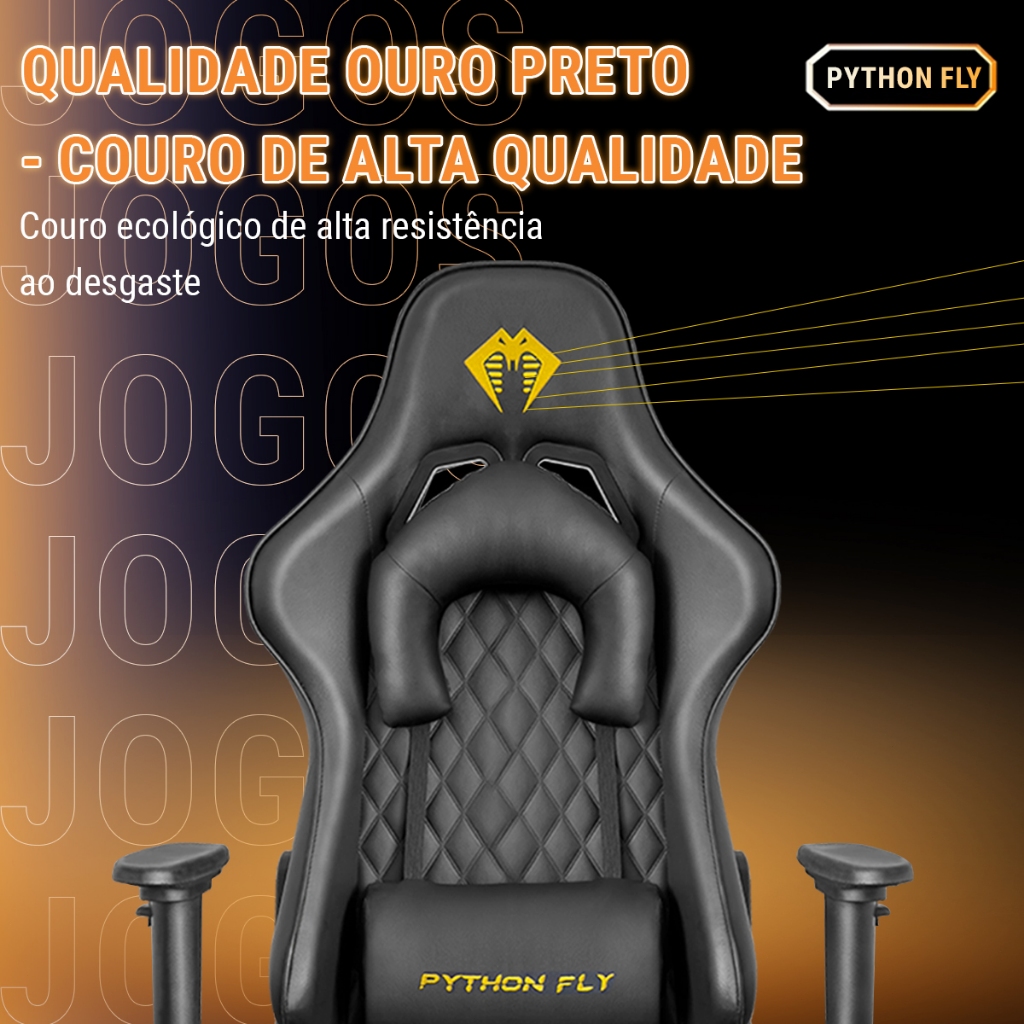 Cadeira Gamer Python Fly Deluxe, Design Ergonômico, Ajuste De 90-150 Graus, Design Preto E Dourado · foto 2