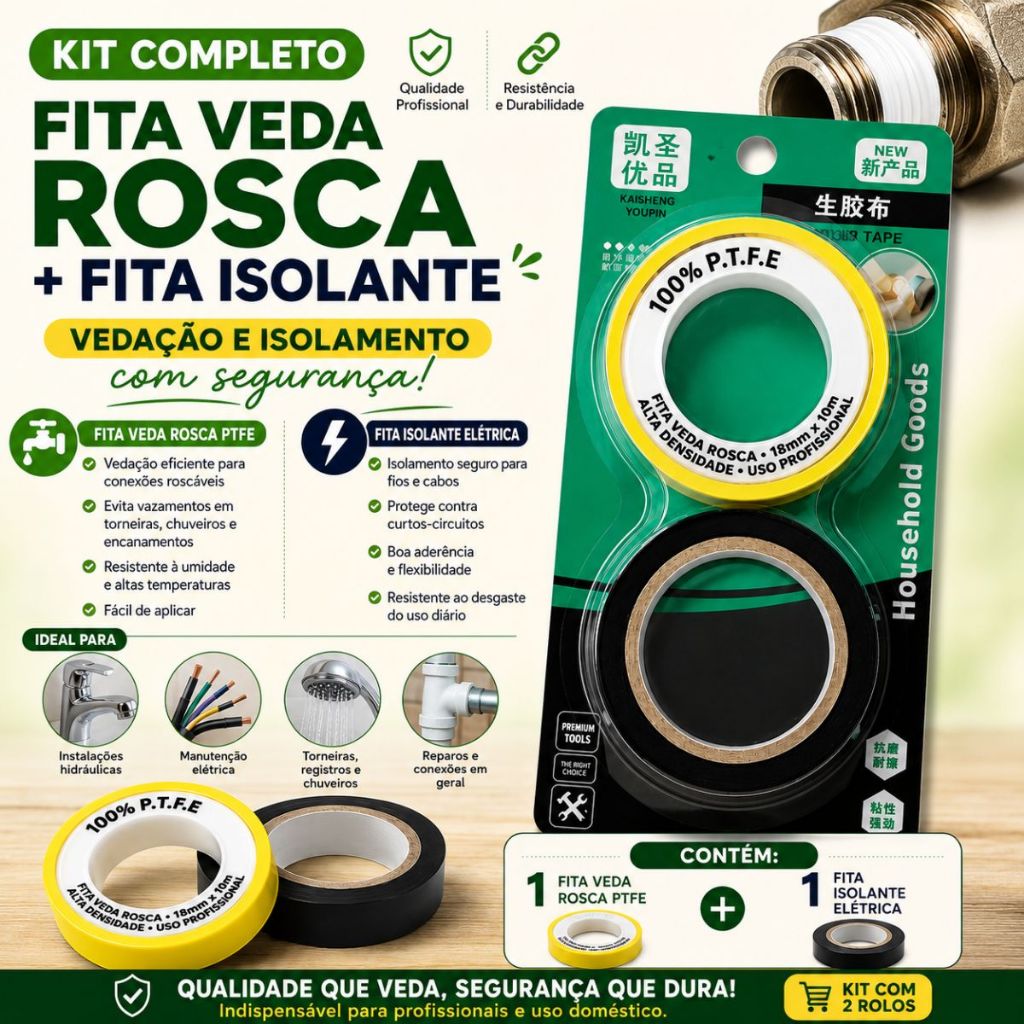 Kit Fita Veda Rosca PTFE + Fita Isolante | Vedação Hidráulica e Isolamento Seguro