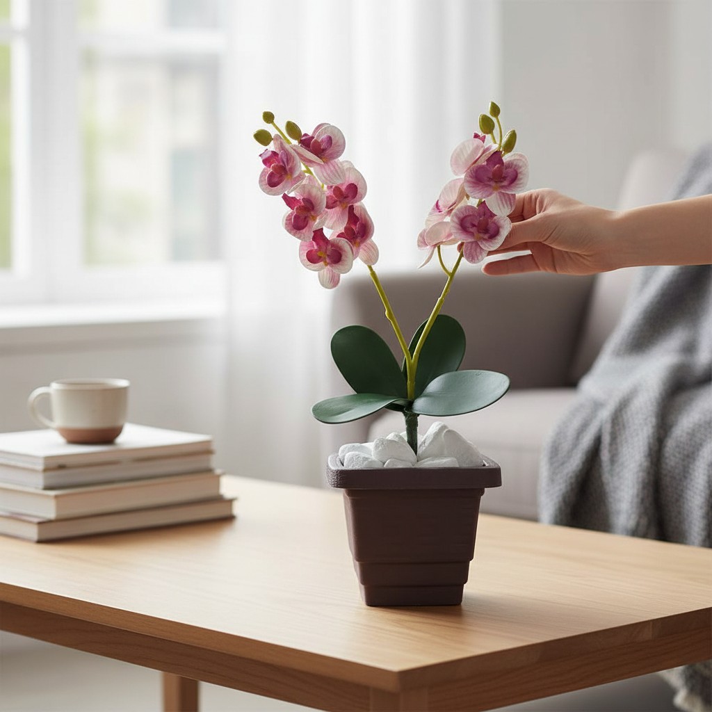Arranjo de Orquídea Artificial Planta Decorativa Vaso e Pedras Decorativas