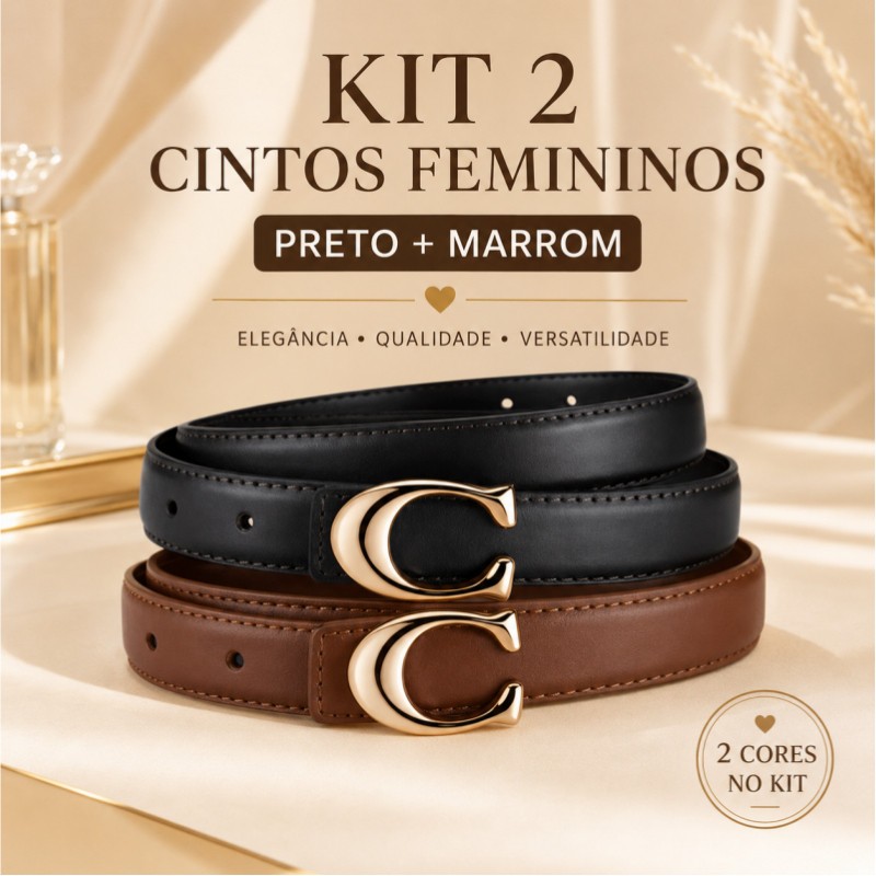 Kit 2 cintos de senhora (preto + marrom) — design simples. Ideais para usar com vestidos e calças.