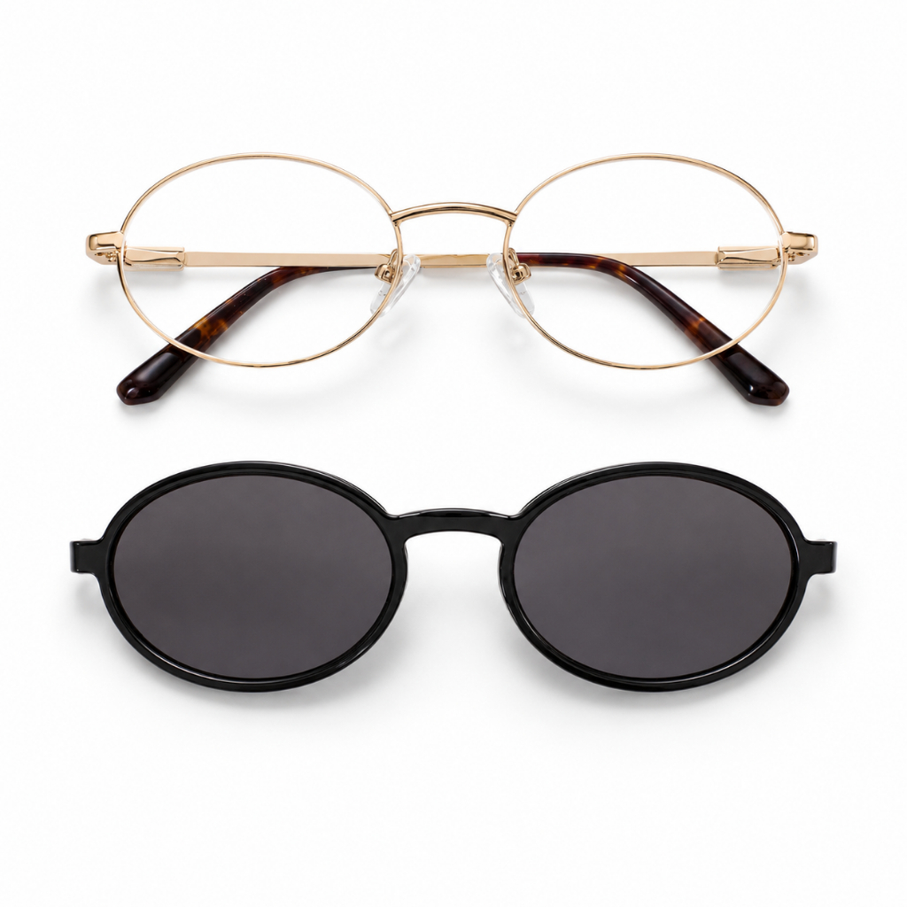 Óculos Clip On 2 em 1 Feminino Oval Dourado Armação de Grau + Solar Draffini