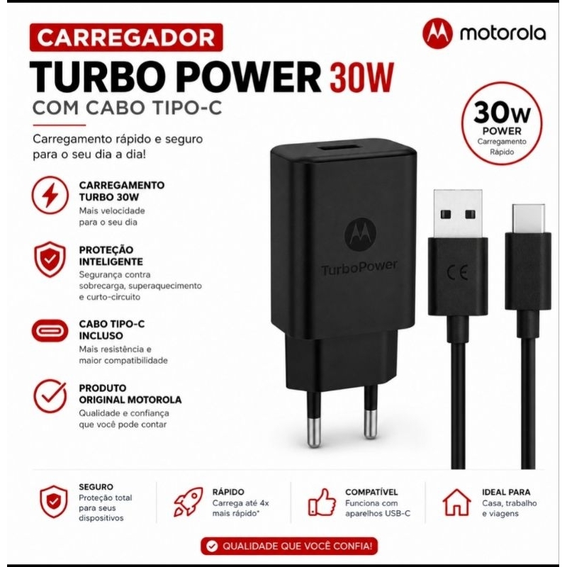 Carregador Completo Turbo Power 30W com cabo TIPO-C Motorola