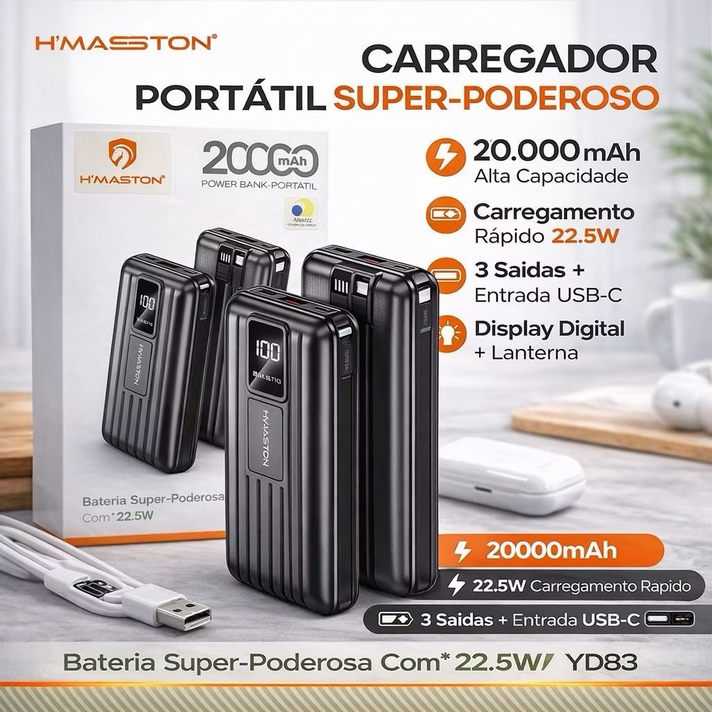 Carregador Portátil 20000mAh 22.5W Turbo USB-C Power Bank YD83