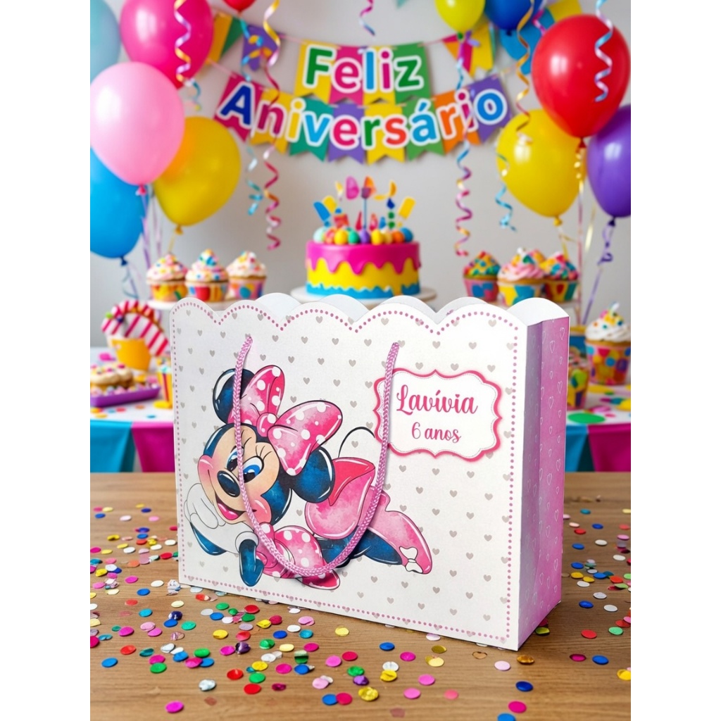 Sacolinhas Personalizadas Lembrancinhas Minnie Rosa Festa Chá Aniversário Nuvem Tamanho Grande (20x16x06)