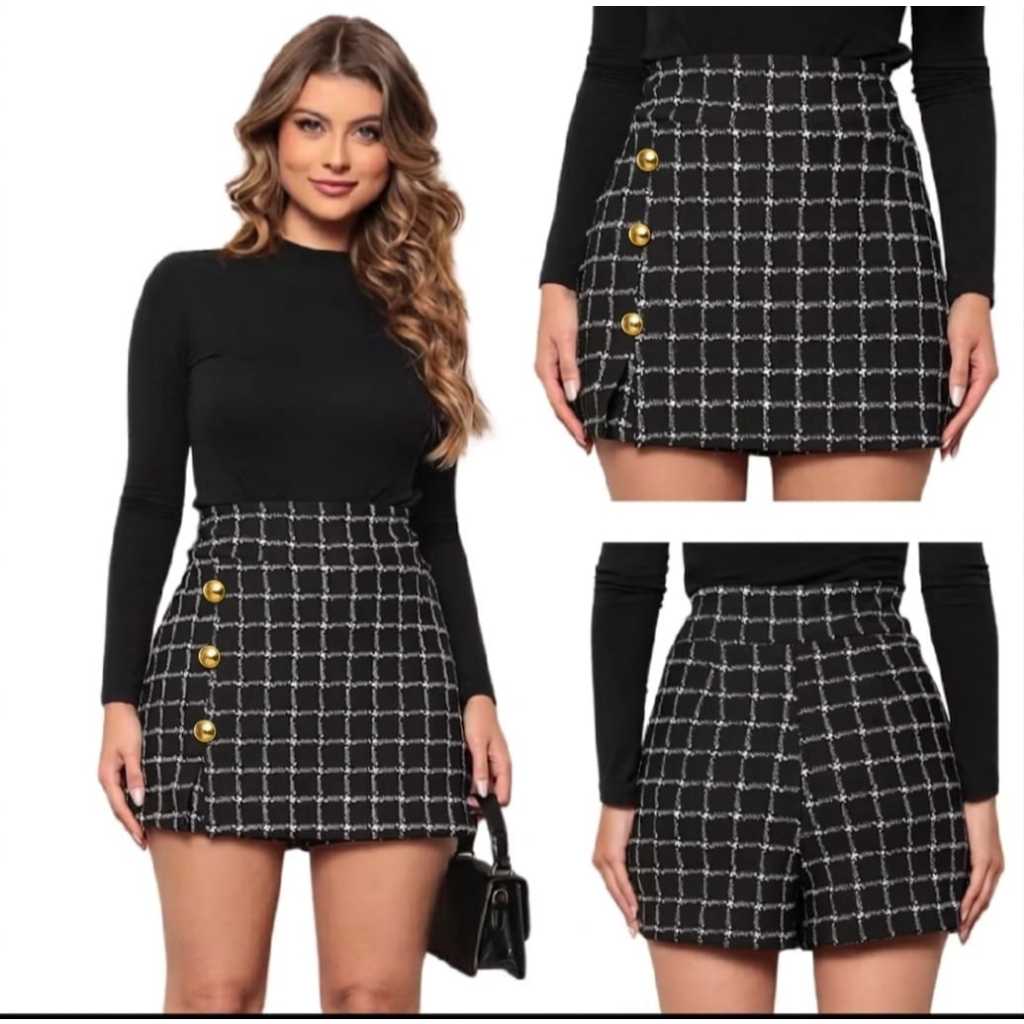 short saia feminino xadrez malha jaquard
